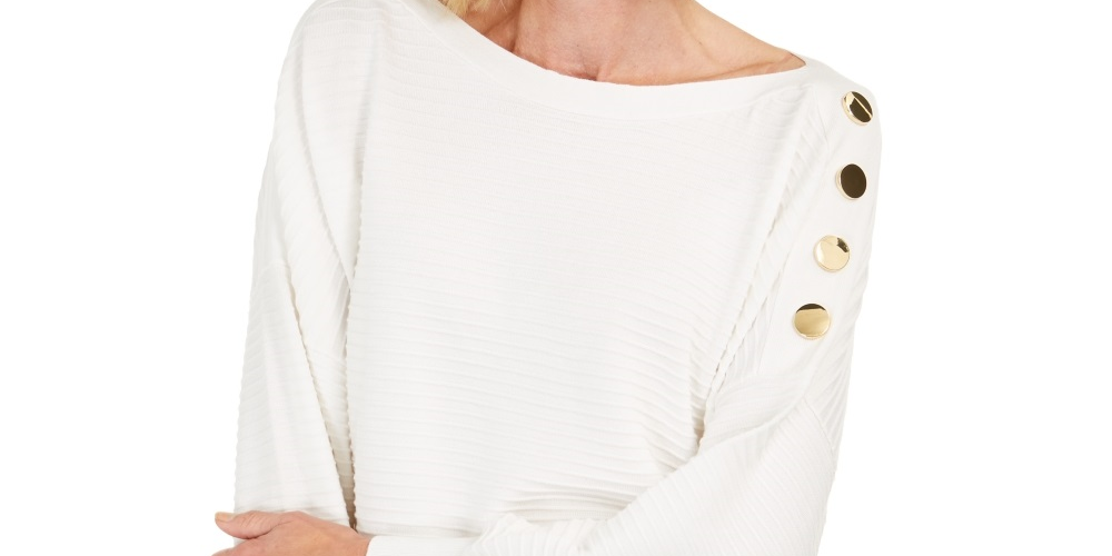 JM Collection Suéter feminino com manga de botão, branco, tamanho pequeno