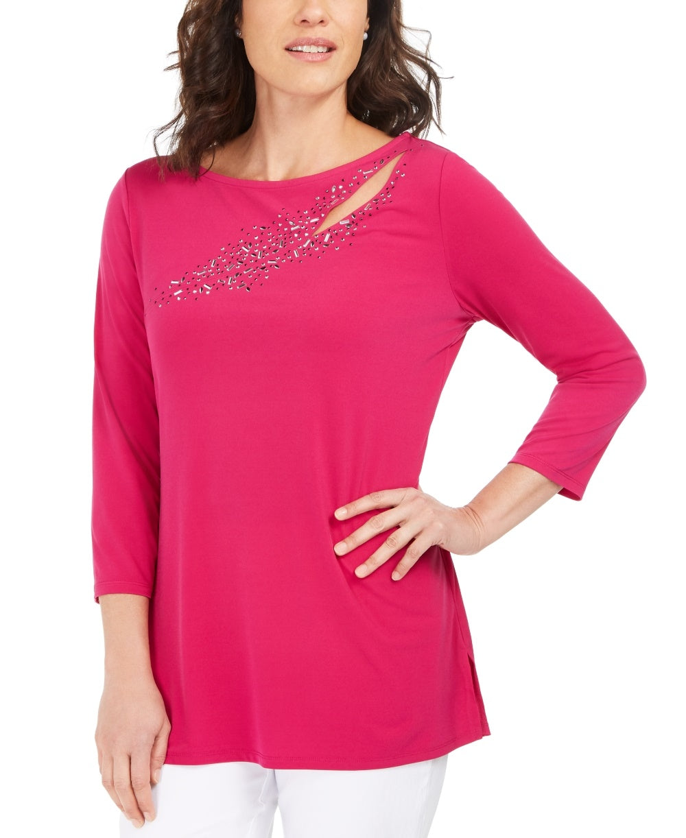 Top feminino com recortes e detalhes embelezados, rosa, tamanho pequeno, da coleção JM