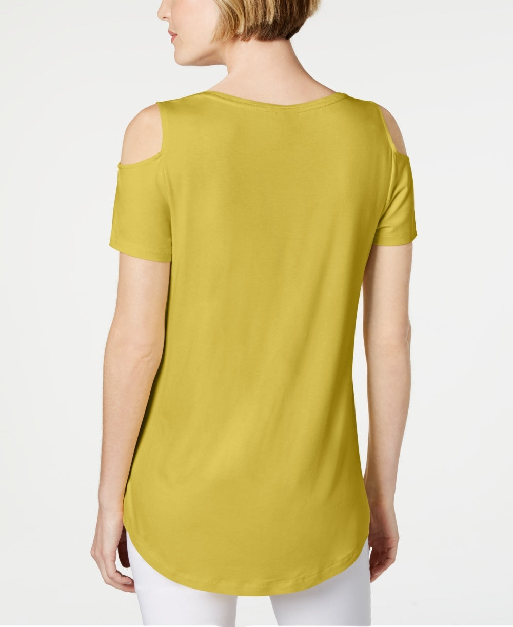 Camiseta feminina JM Collection com ombros descobertos e manga curta, verde, tamanho extragrande