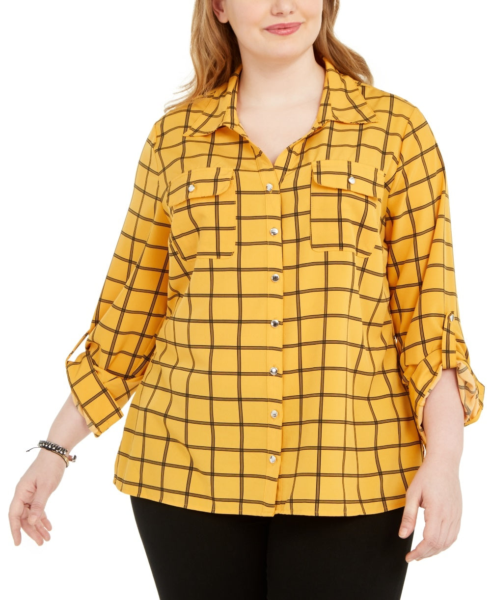 Camisa feminina plus size com botões e bolinhas, coleção NY, amarela, tamanho 3X