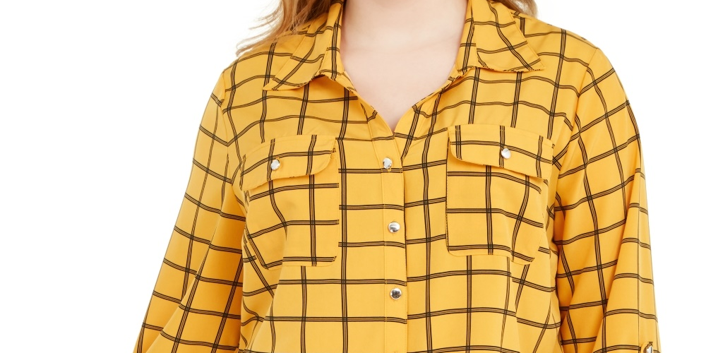 Camisa feminina plus size com botões e bolinhas, coleção NY, amarela, tamanho 3X