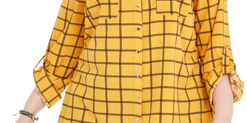 Camisa feminina plus size com botões e bolinhas, coleção NY, amarela, tamanho 3X
