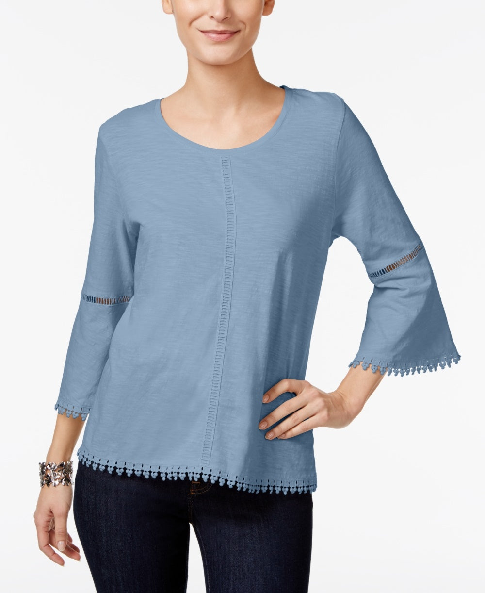 Blusa feminina estilo &amp; co com manga sino e acabamento em crochê, azul, tamanho PS