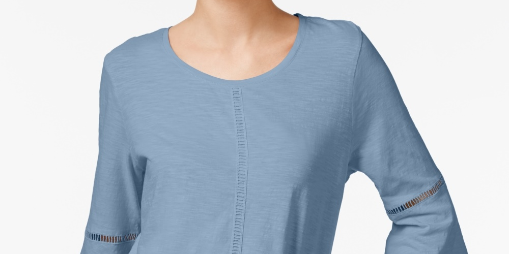 Blusa feminina estilo &amp; co com manga sino e acabamento em crochê, azul, tamanho PS