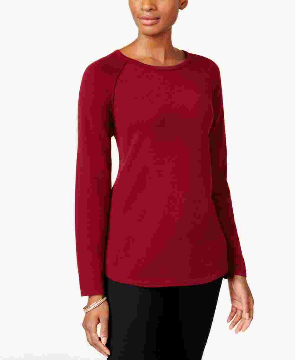 Blusa feminina Karen Scott vermelha lisa, manga comprida, gola redonda, tamanho X-S