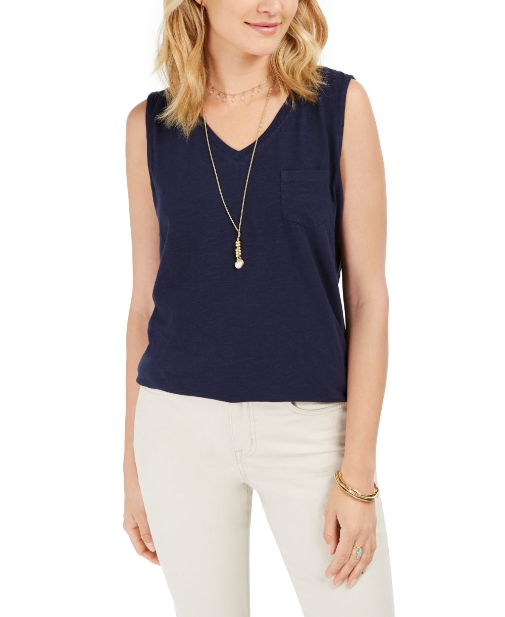 Regata feminina de algodão com decote em V, estilo &amp; co, azul, tamanho extragrande