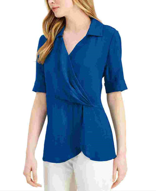 Alfani Women's Petite Draped-Front Collared Top  Blue Size PL