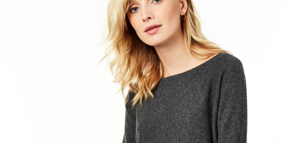 Suéter feminino Charter Club Pure Cashmere manga comprida cinza tamanho médio