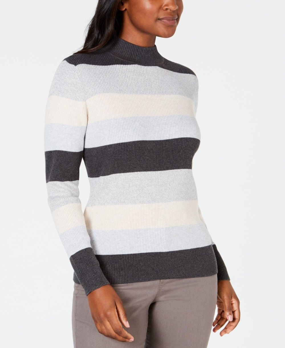 Karen Scott Suéter feminino listrado de algodão com gola falsa, branco/azul, tamanho PXL