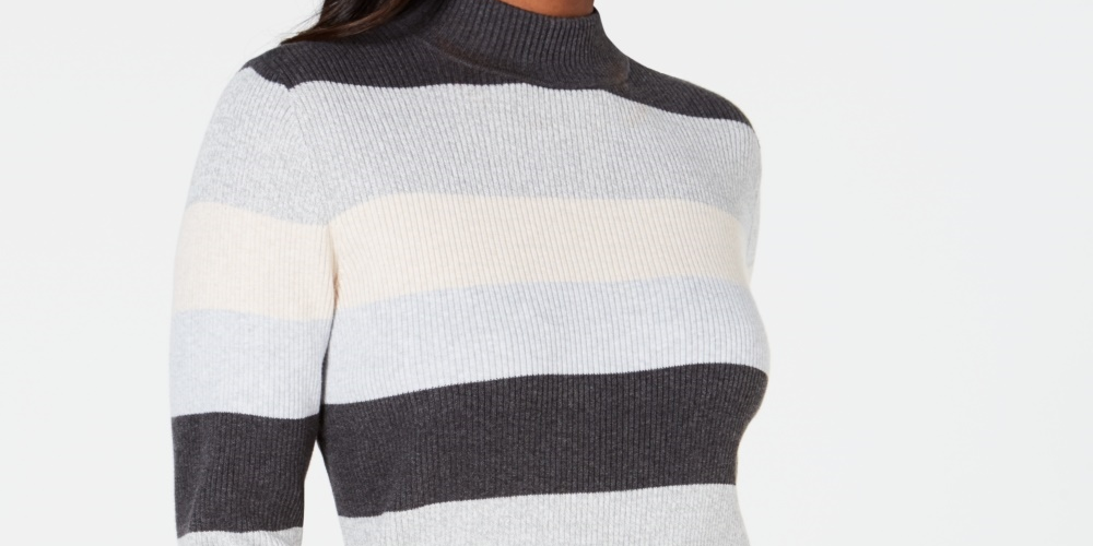 Karen Scott Suéter feminino listrado de algodão com gola falsa, branco/azul, tamanho PXL
