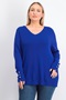 JM Collection Suéter feminino plus size com botões e decote em V, azul, tamanho -0X