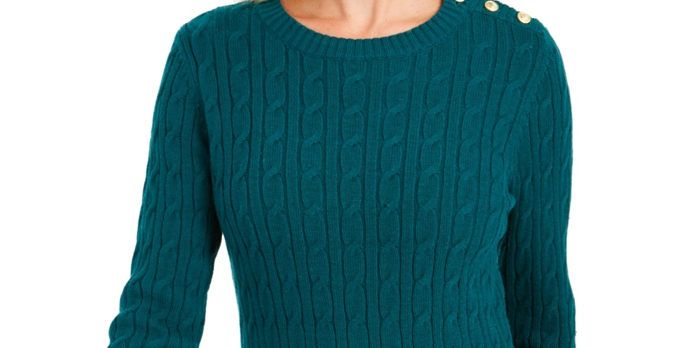 Suéter feminino com estampa texturizada e gola joia, manga comprida, tamanho pequeno, verde, Charter Club
