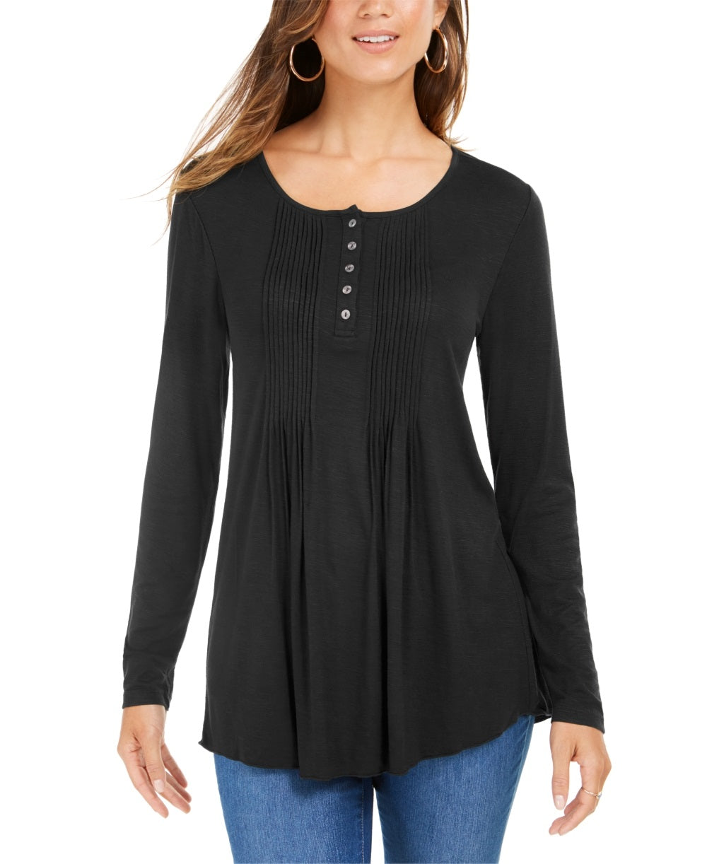 Blusa feminina de manga comprida com pregas estilo &amp; co, preta, tamanho extrapequeno
