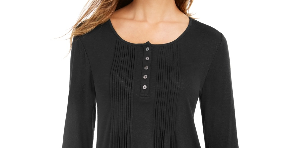 Blusa feminina de manga comprida com pregas estilo &amp; co, preta, tamanho extrapequeno