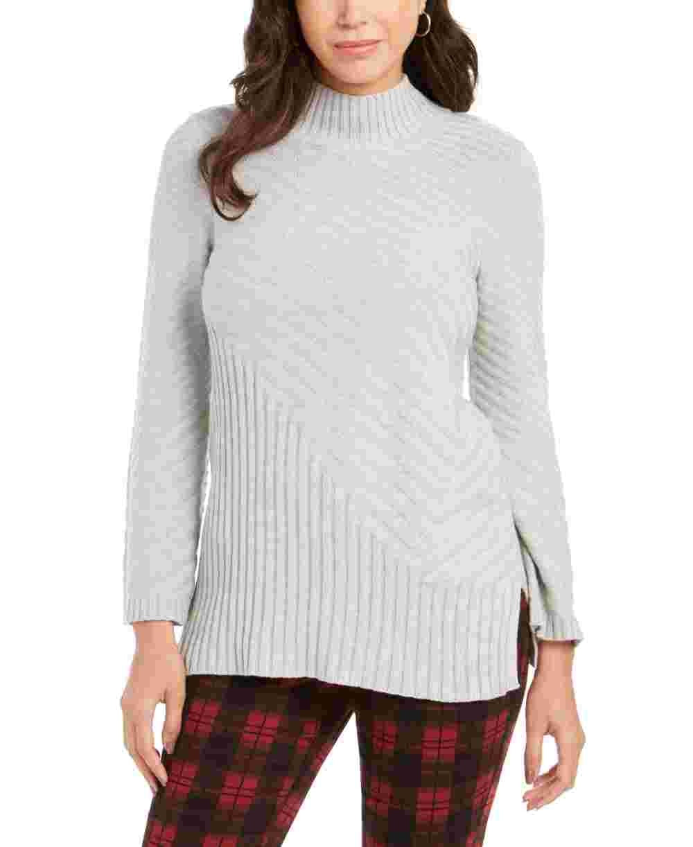 Suéter feminino Charter Club com gola alta e costura mista, cinza, tamanho médio