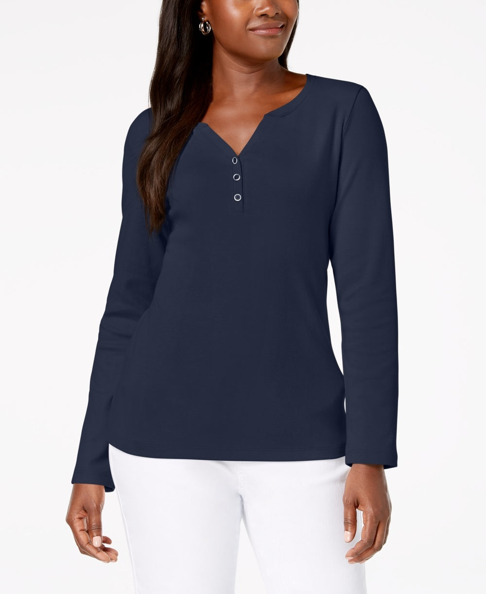 Karen Scott Top Henley de Algodão Feminino Azul Tamanho Médio