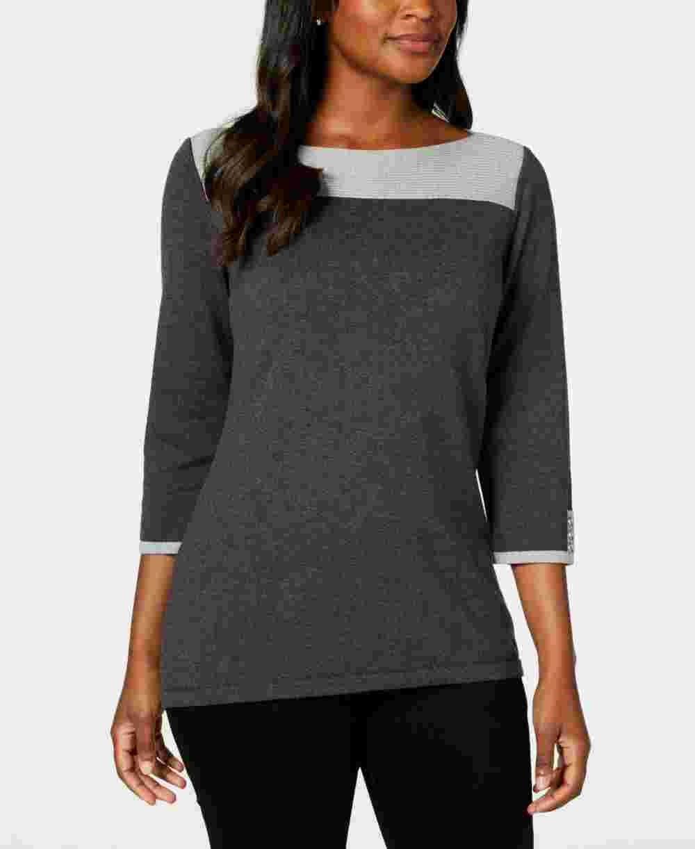 Karen Scott Blusa feminina texturizada com blocos de cores, manga 3/4, gola joia, cinza, tamanho X-S