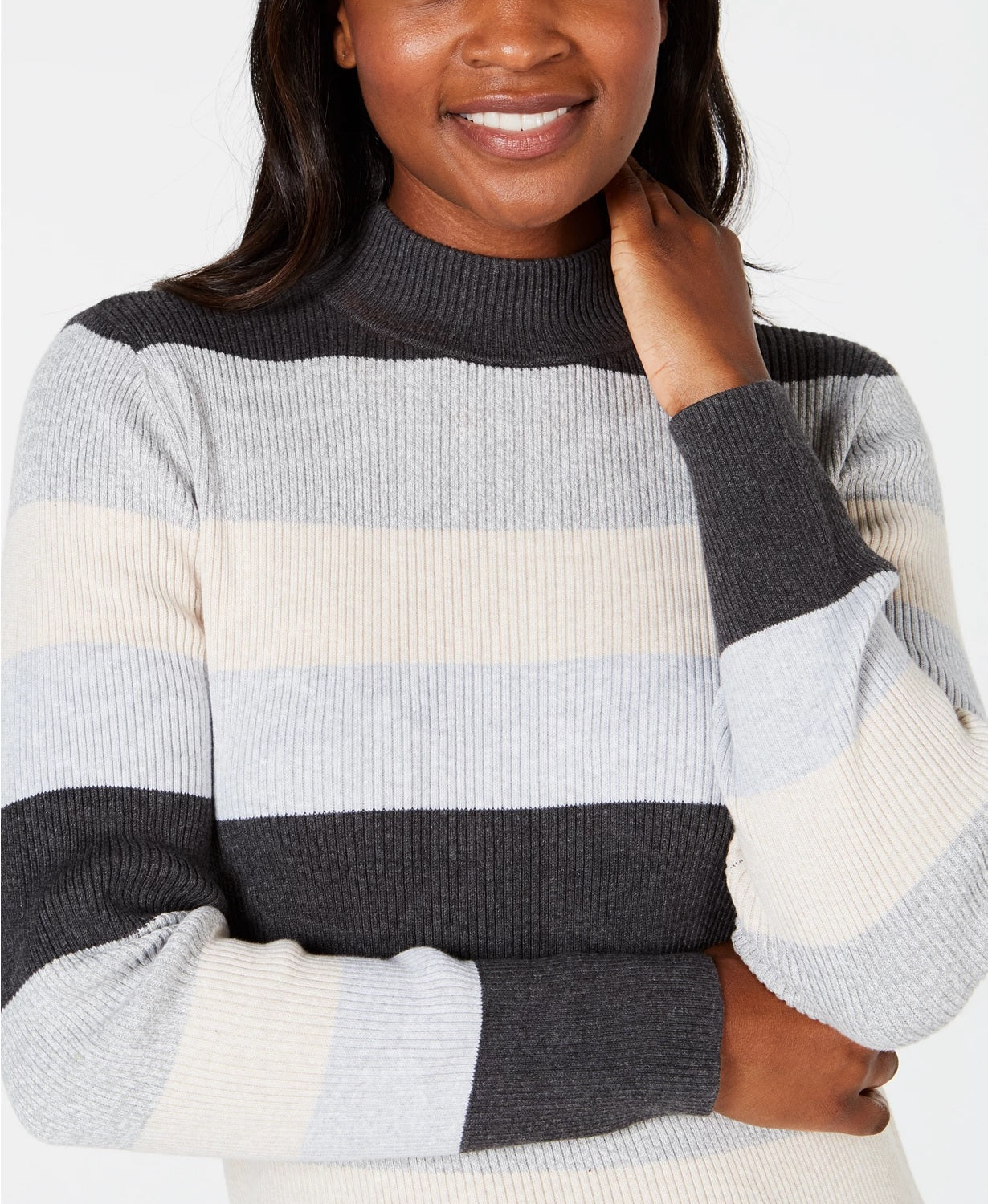 Karen Scott Suéter Feminino Canelado Color Block Manga Longa Gola Alta Cinza Tamanho XS