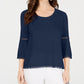 Blusa feminina estilo &amp; co, manga sino, acabamento em crochê, azul, tamanho extrapequeno