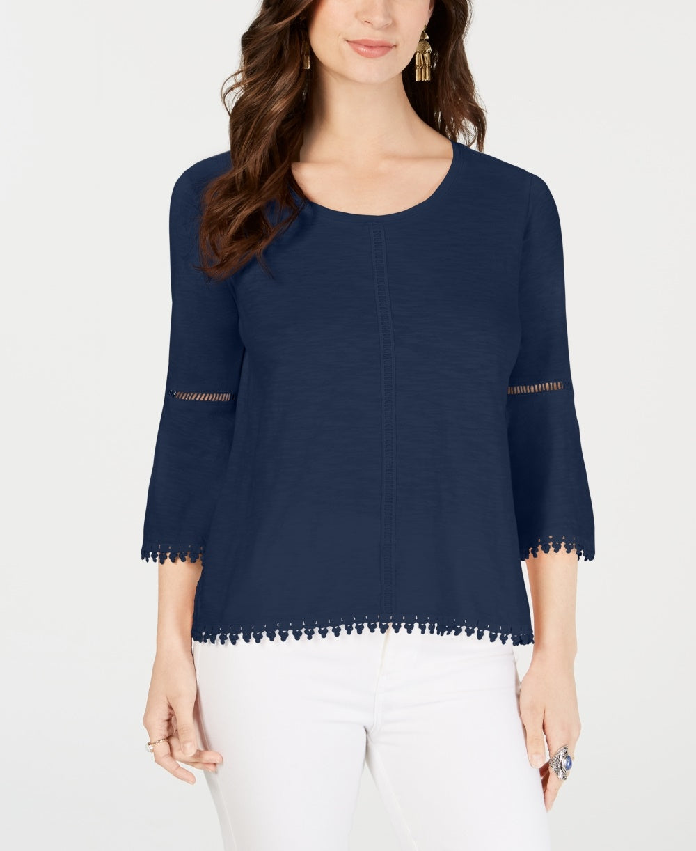 Blusa feminina estilo &amp; co, manga sino, acabamento em crochê, azul, tamanho extrapequeno