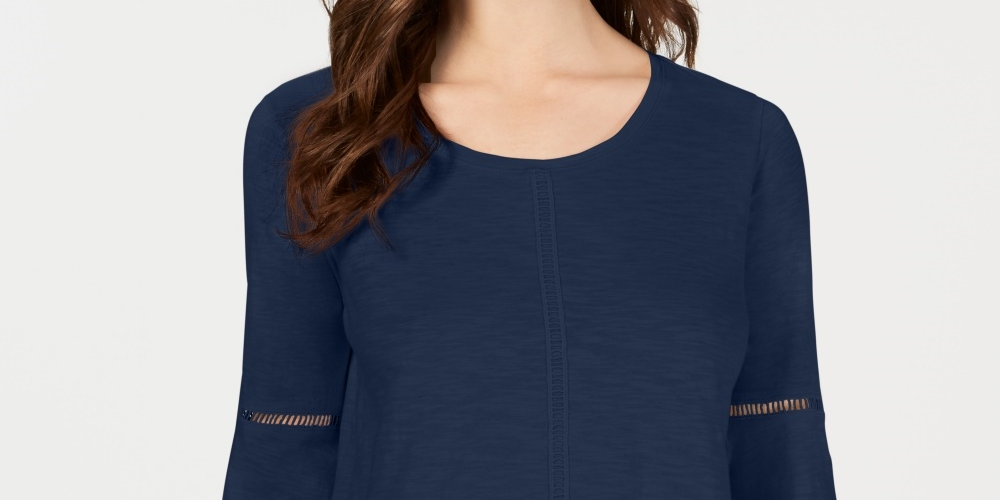 Blusa feminina estilo &amp; co, manga sino, acabamento em crochê, azul, tamanho extrapequeno