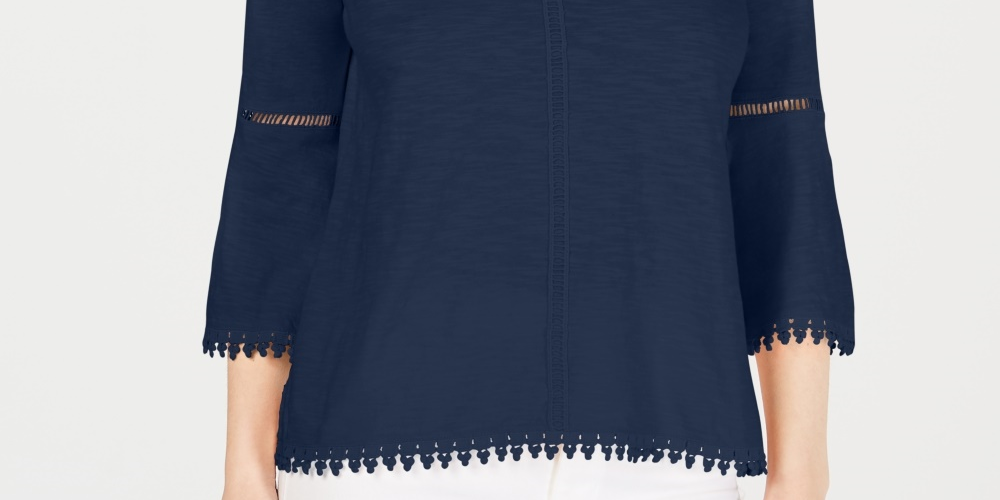 Blusa feminina estilo &amp; co, manga sino, acabamento em crochê, azul, tamanho extrapequeno