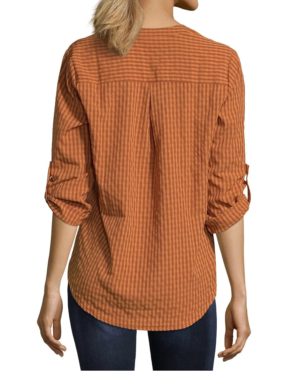 Blusa feminina pequena John Paul Richard com estampa xadrez e aba dobrada, laranja, PL