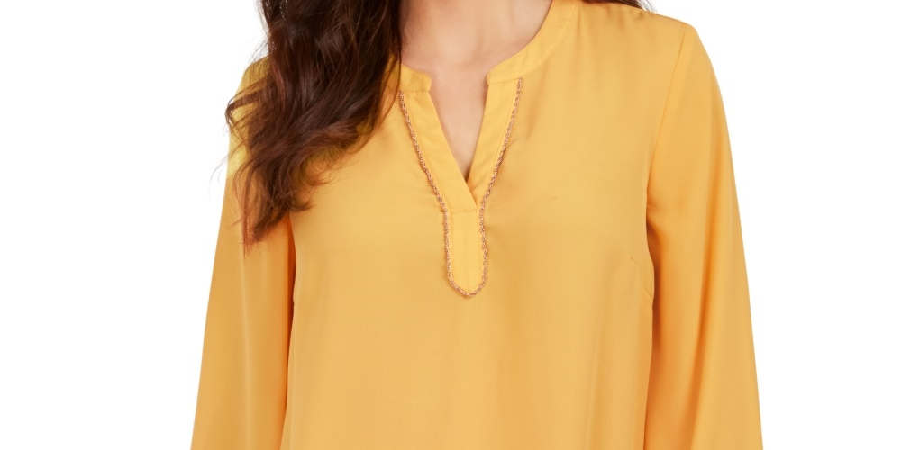 Túnica feminina com decote dividido e manga comprida, tamanho XX-G, amarela, da coleção JM