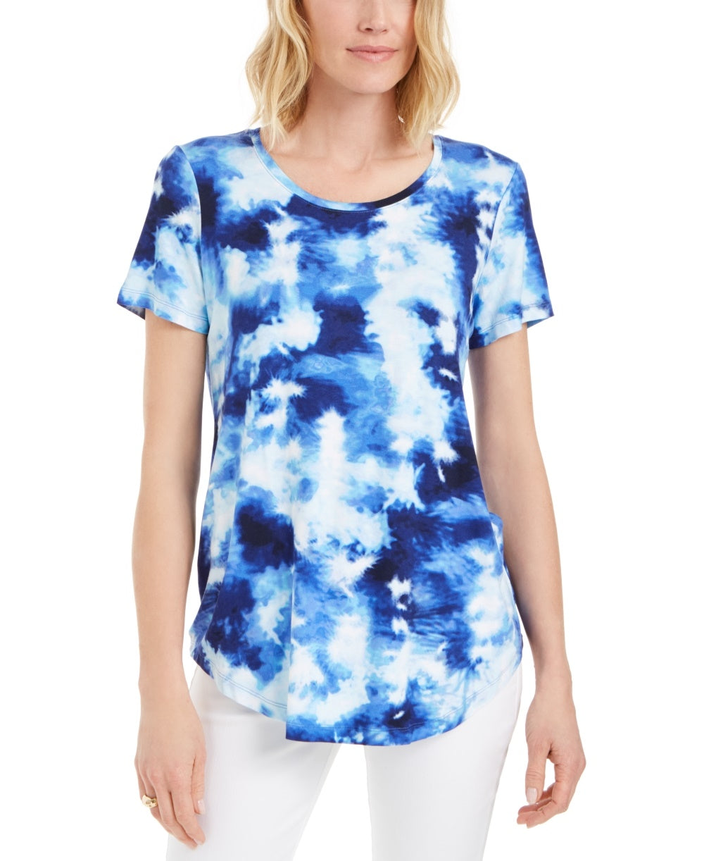 Camiseta feminina estampada com decote redondo da coleção JM, azul, tamanho extragrande