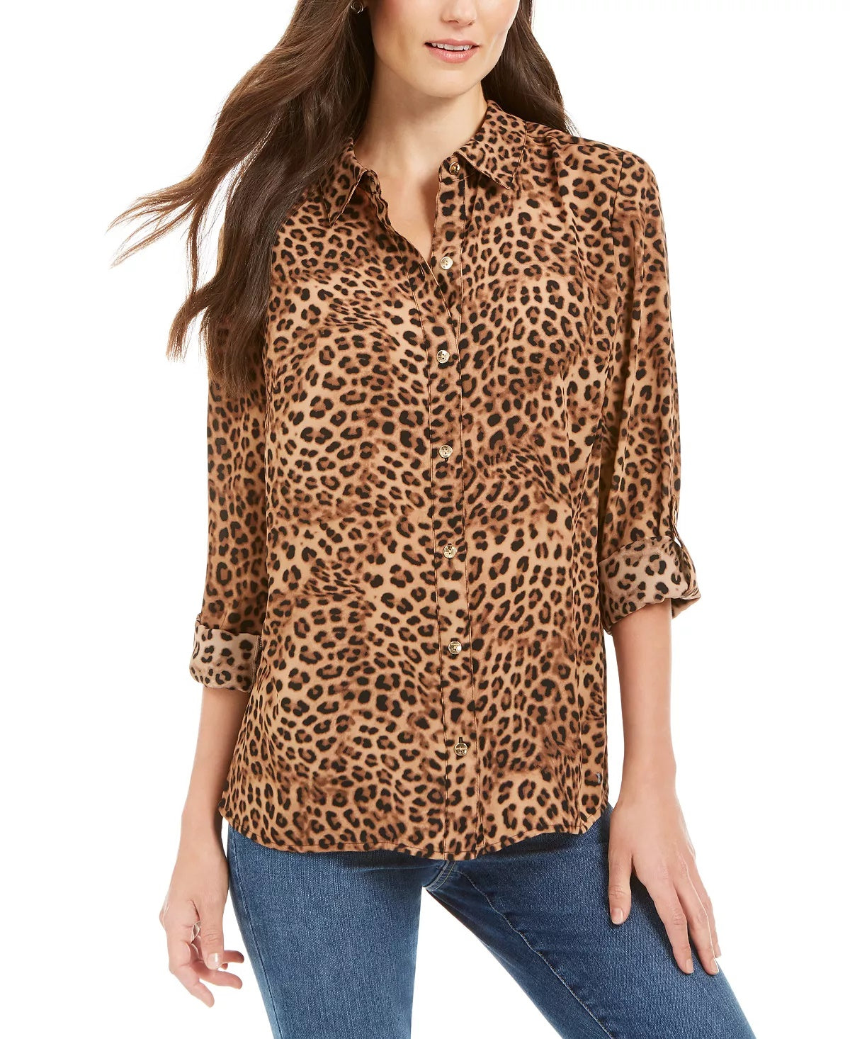 Blusa feminina com estampa animal Charter Club, bege, tamanho pequeno