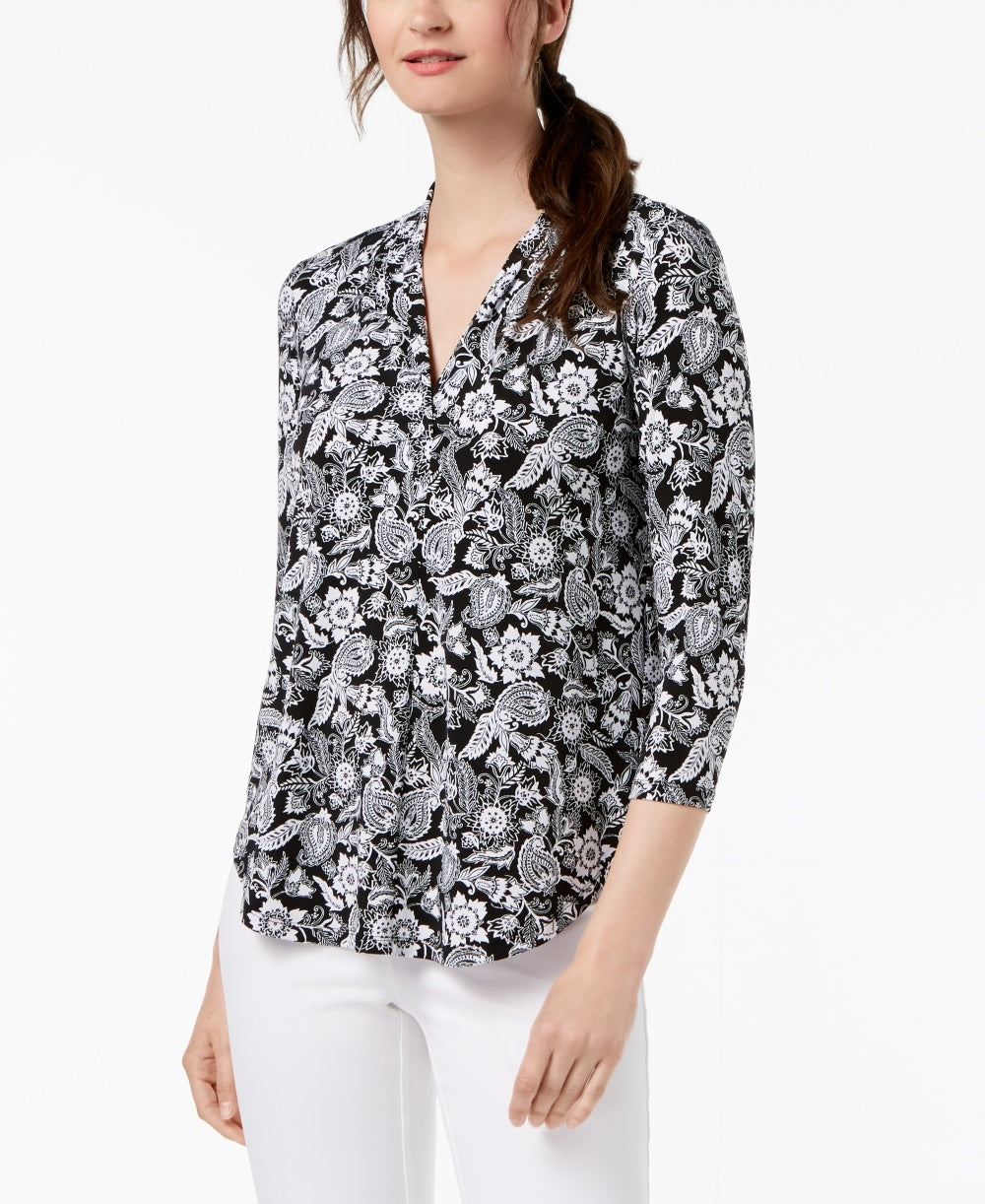 Top feminino estampado com decote em V, preto, tamanho XX-G