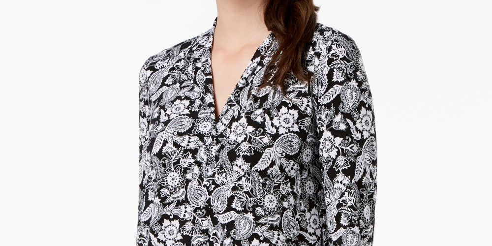 Top feminino estampado com decote em V, preto, tamanho pequeno, Charter Club