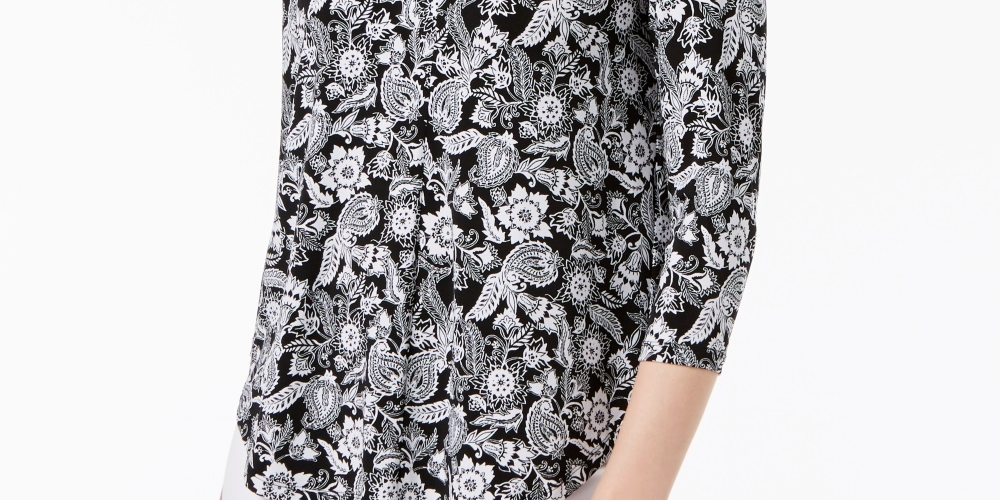 Top feminino estampado com decote em V, preto, tamanho pequeno, Charter Club