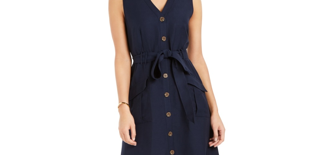 Vestido feminino Charter Club com botões frontais em mistura de linho, azul, tamanho 4