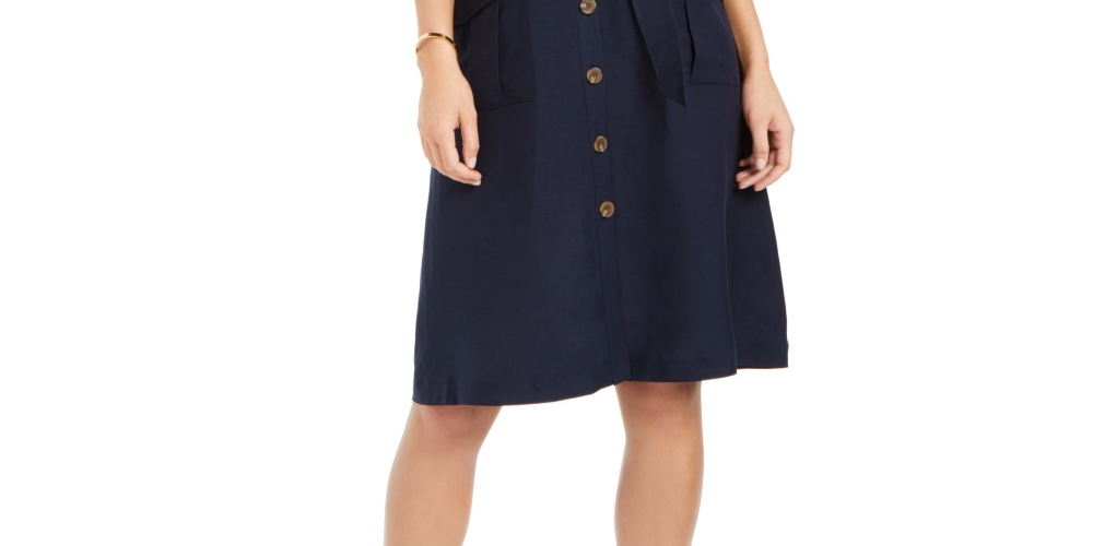 Vestido feminino Charter Club com botões frontais em mistura de linho, azul, tamanho 4