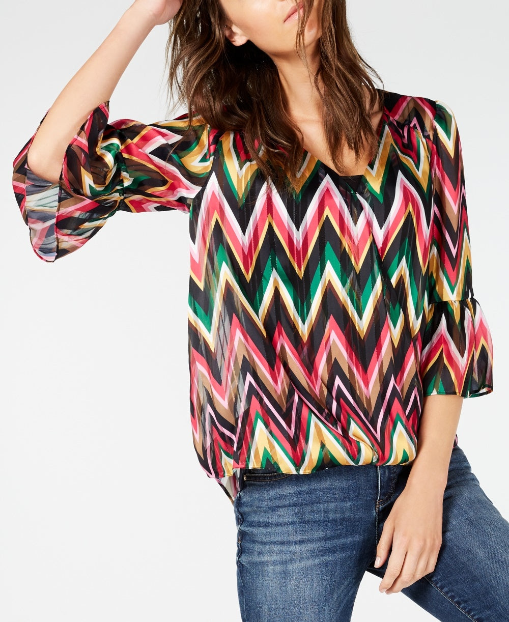 Blusa feminina com estampa de zigue-zague e manga sino, tamanho pequeno e médio, da INC International Concepts