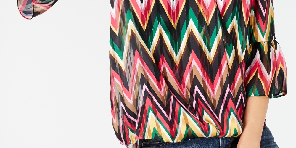 Blusa feminina com estampa de zigue-zague e manga sino, tamanho pequeno e médio, da INC International Concepts