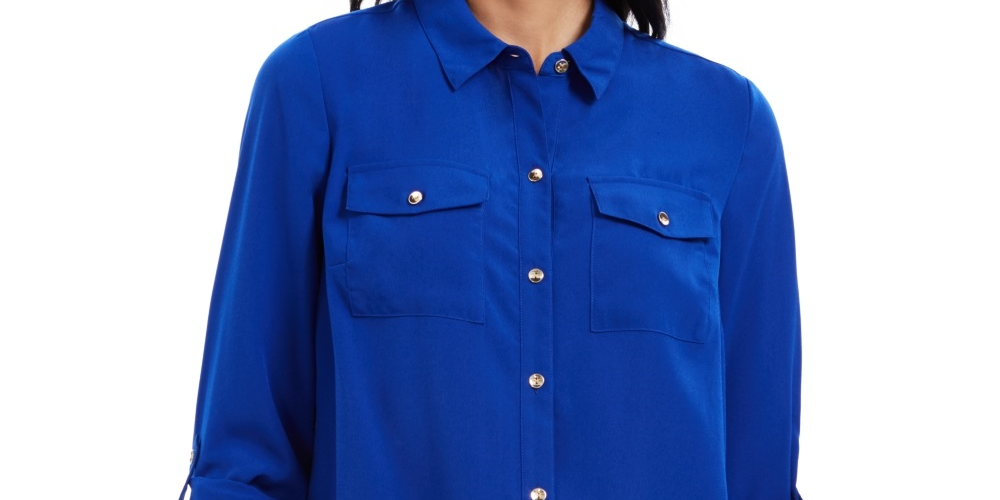 Camisa feminina Charter Club com dois bolsos, azul, tamanho X-S