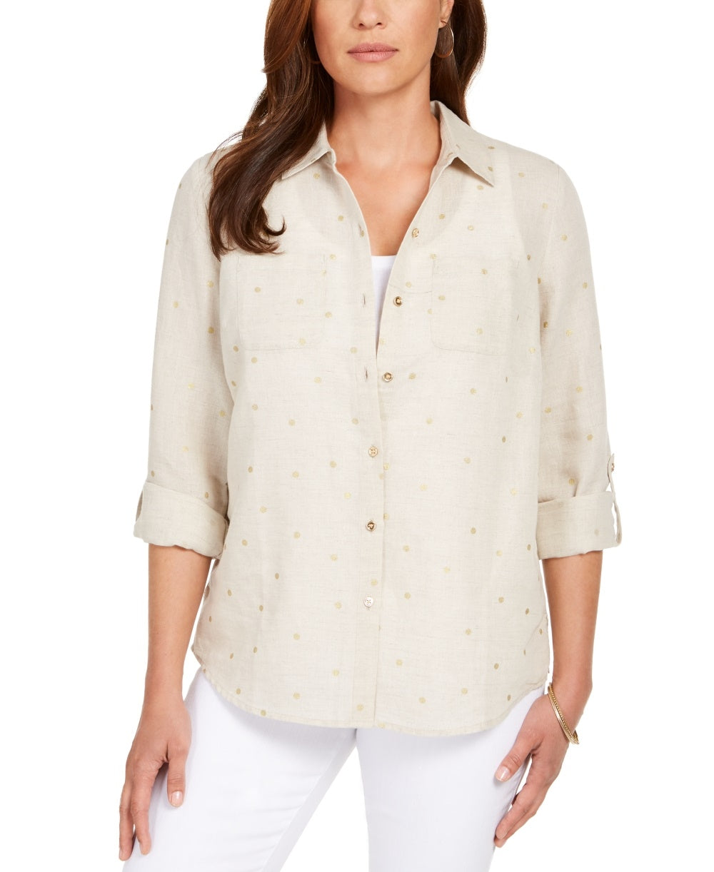 Camisa feminina Charter Club de linho com bolinhas marrom, tamanho pequeno e pequeno