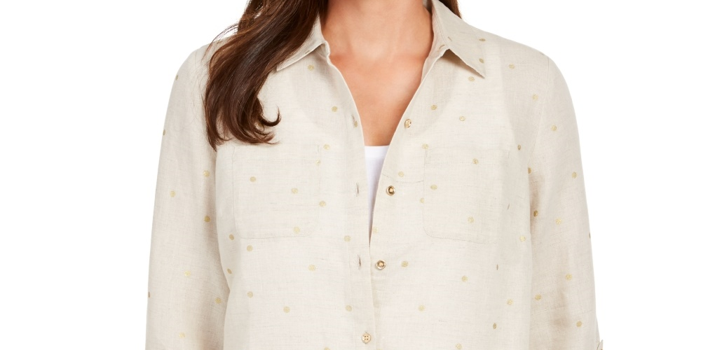 Camisa feminina Charter Club de linho com bolinhas marrom, tamanho pequeno e pequeno