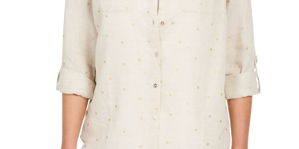 Camisa feminina Charter Club de linho com bolinhas marrom, tamanho pequeno e pequeno