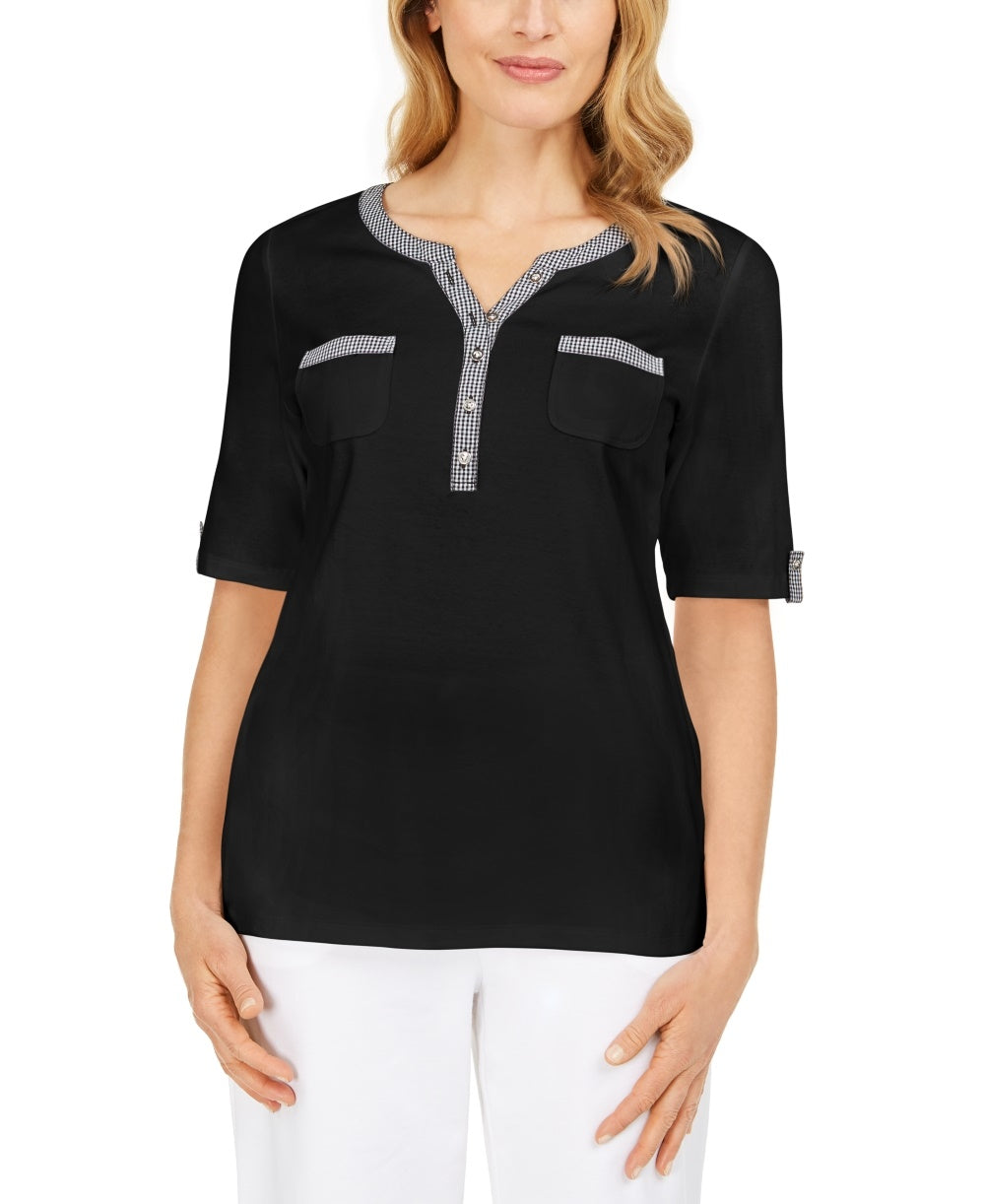 Karen Scott Top Henley Feminino com Acabamento Vichy Preto Tamanho P