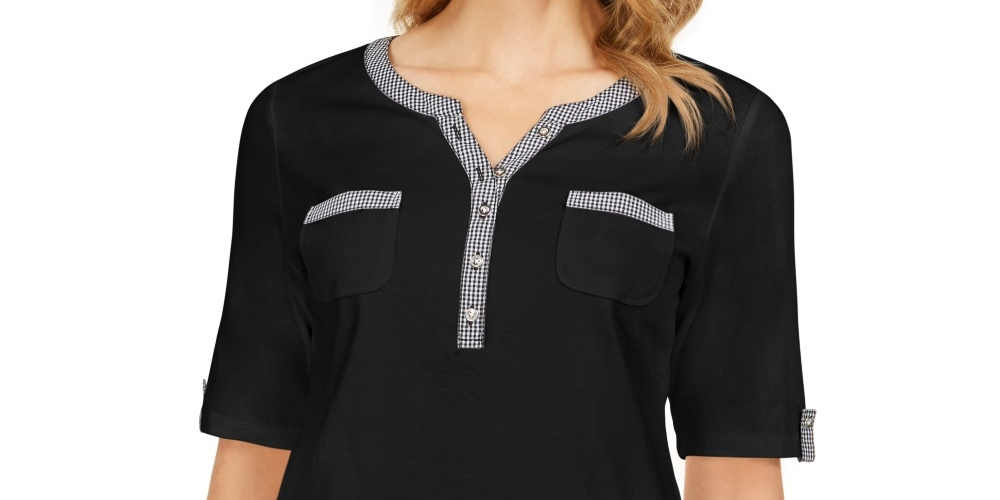 Karen Scott Top Henley Feminino com Acabamento Vichy Preto Tamanho P