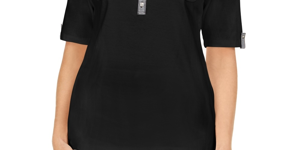 Karen Scott Top Henley Feminino com Acabamento Vichy Preto Tamanho P