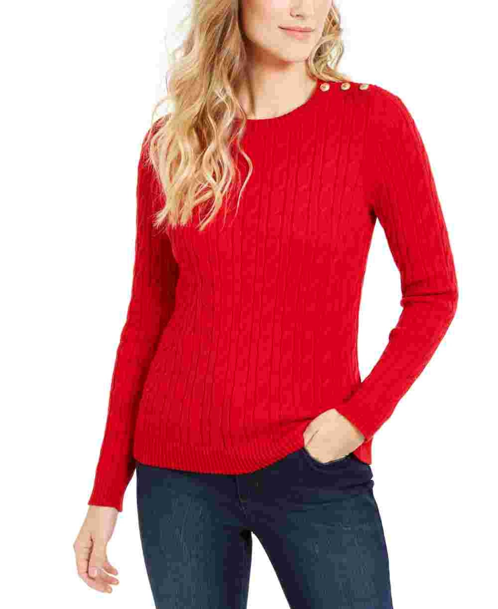 Suéter feminino com estampa texturizada e gola joia, manga comprida, tamanho médio, vermelho, Charter Club