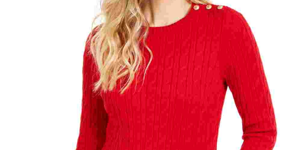 Suéter feminino com estampa texturizada e gola joia, manga comprida, tamanho médio, vermelho, Charter Club