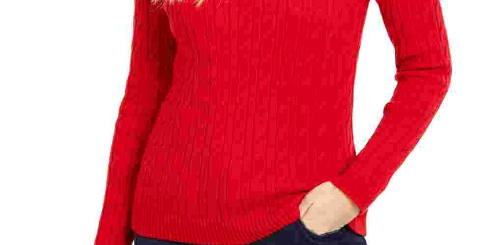 Suéter feminino com estampa texturizada e gola joia, manga comprida, tamanho médio, vermelho, Charter Club