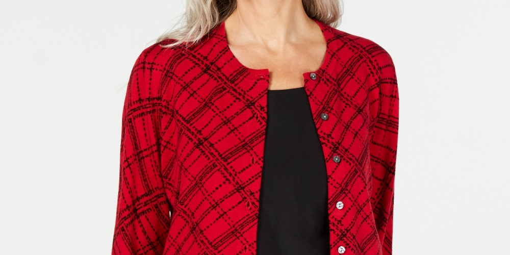 Karen Scott Cardigan Xadrez Pamela Feminino Vermelho Tamanho PL