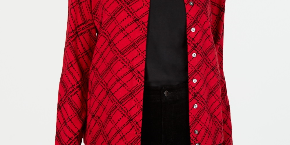 Karen Scott Cardigan Xadrez Pamela Feminino Vermelho Tamanho PL