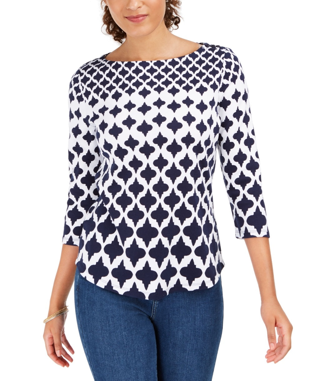 Camiseta feminina estampada de algodão Charter Club, azul, tamanho pequeno e pequeno